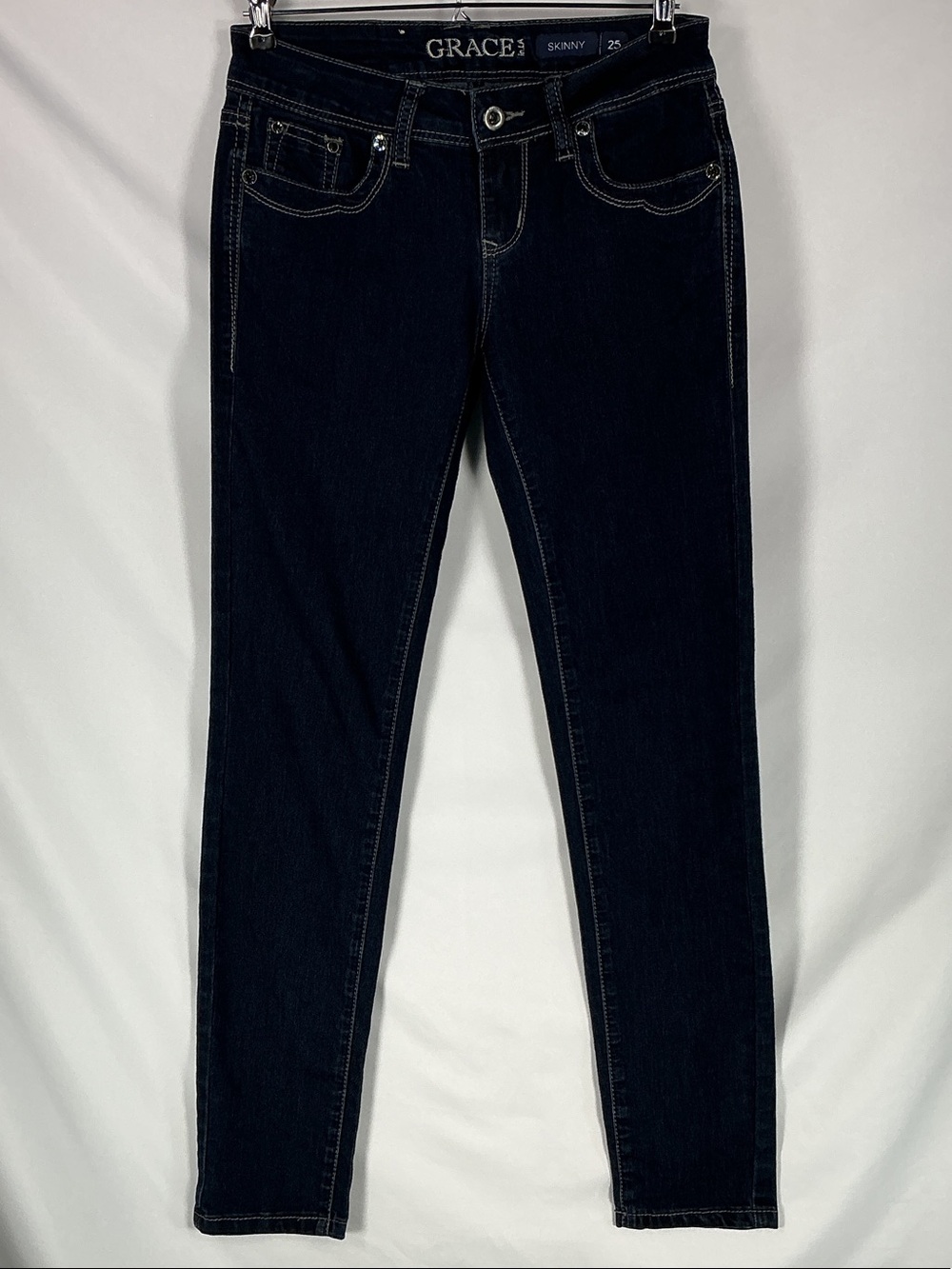 Grace in LA Dark Indigo Skinny Jeans Low Rise Stretch Blue Denim Pants 25